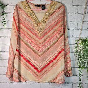 APOSTROPHE SEMI SHEER TUNIC VNECK WITH BEADS LONG SLEEVE WOMENS SIZE LARGE